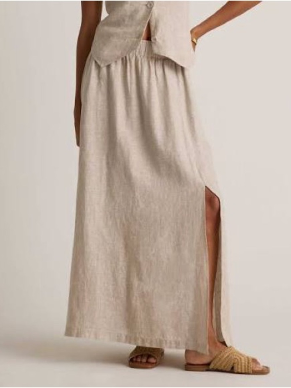 Quince Cream Linen-Blend Maxi Skirt with Side Slit